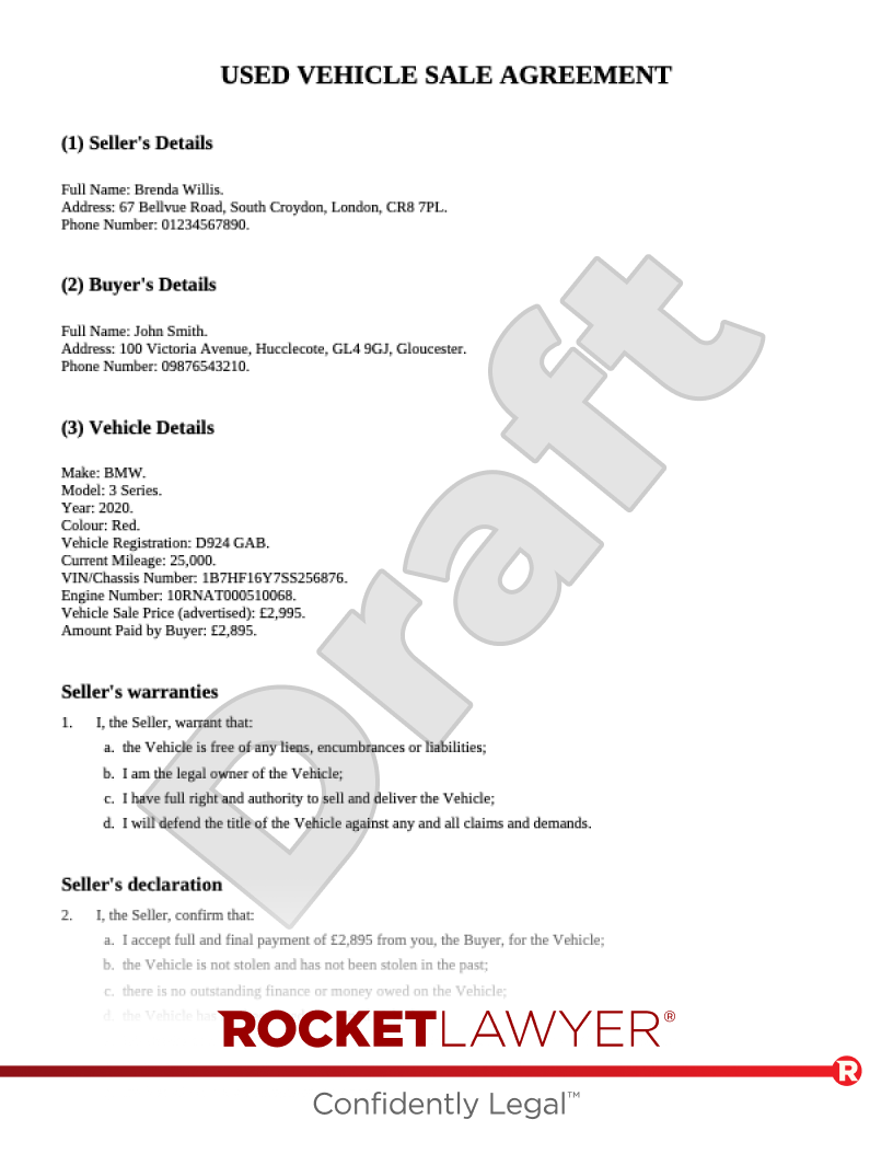 Vehicle Bill of Sale document preview