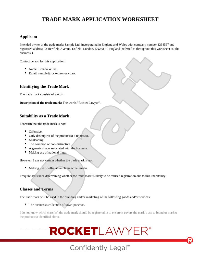 Trade Mark Application Worksheet document preview