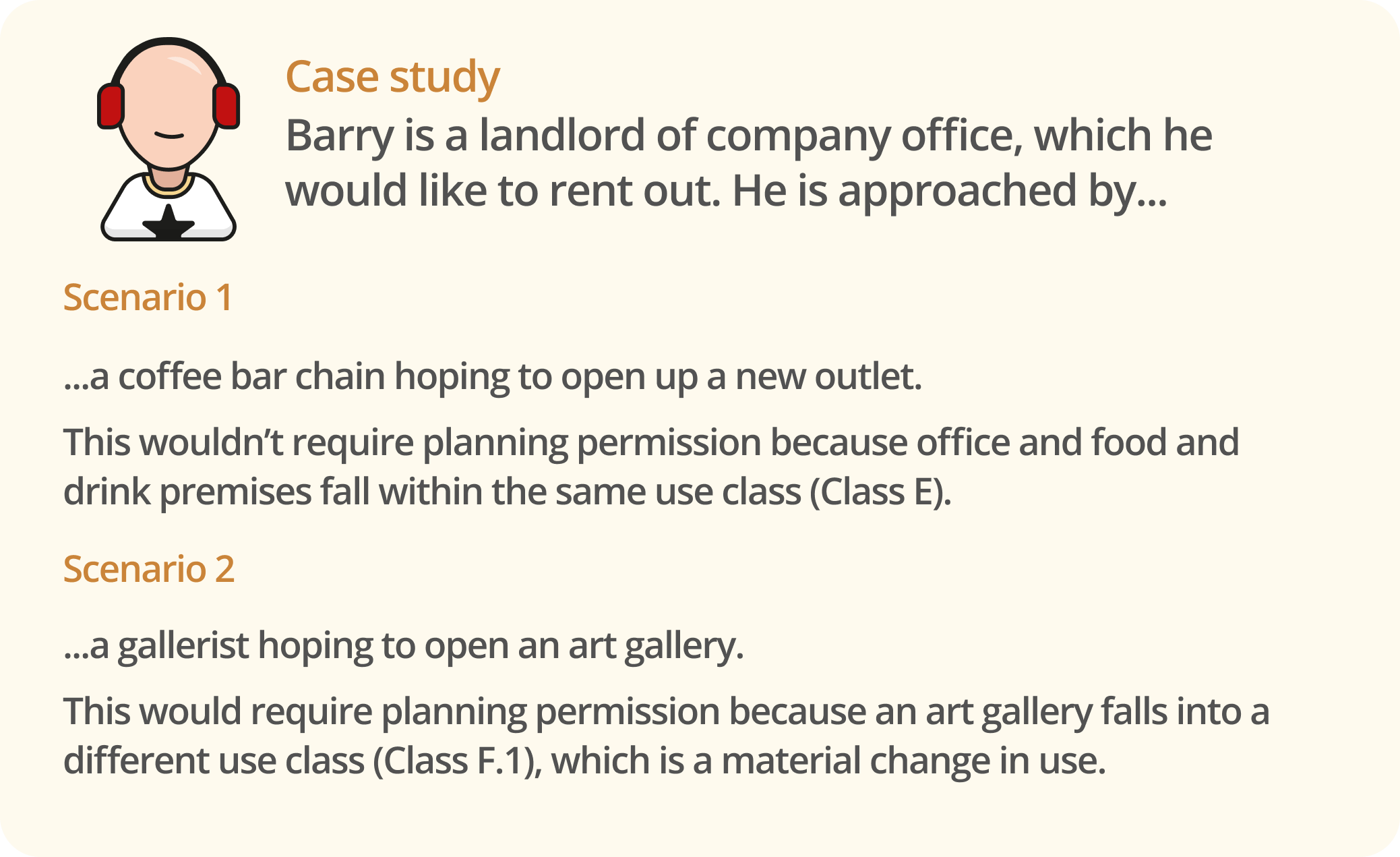 Infographic showing a case study for a landlord being approached by two different renters and how would planning permission be needed for each.