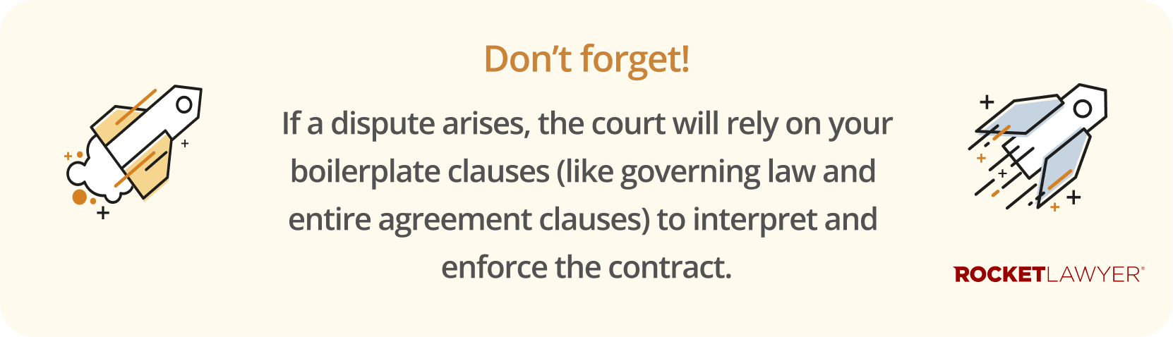 Infographic noting that if a dispute arises, the courts rely on boilerplate clauses to interpret and enforce the contract