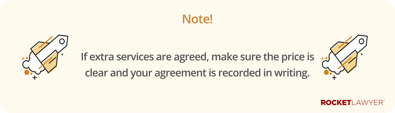 Infographic noting when wedding suppliers provide extra services that the customer should get a clear price for those services and have the agreement recorded in writing