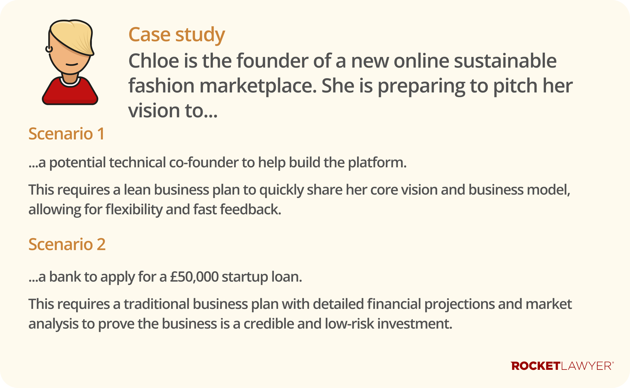 Case study infographic about a woman named Chloe who owns a marketplace and needs two different business plans for different scenarios, one applying for a loan and the other pitching to a co-founder.