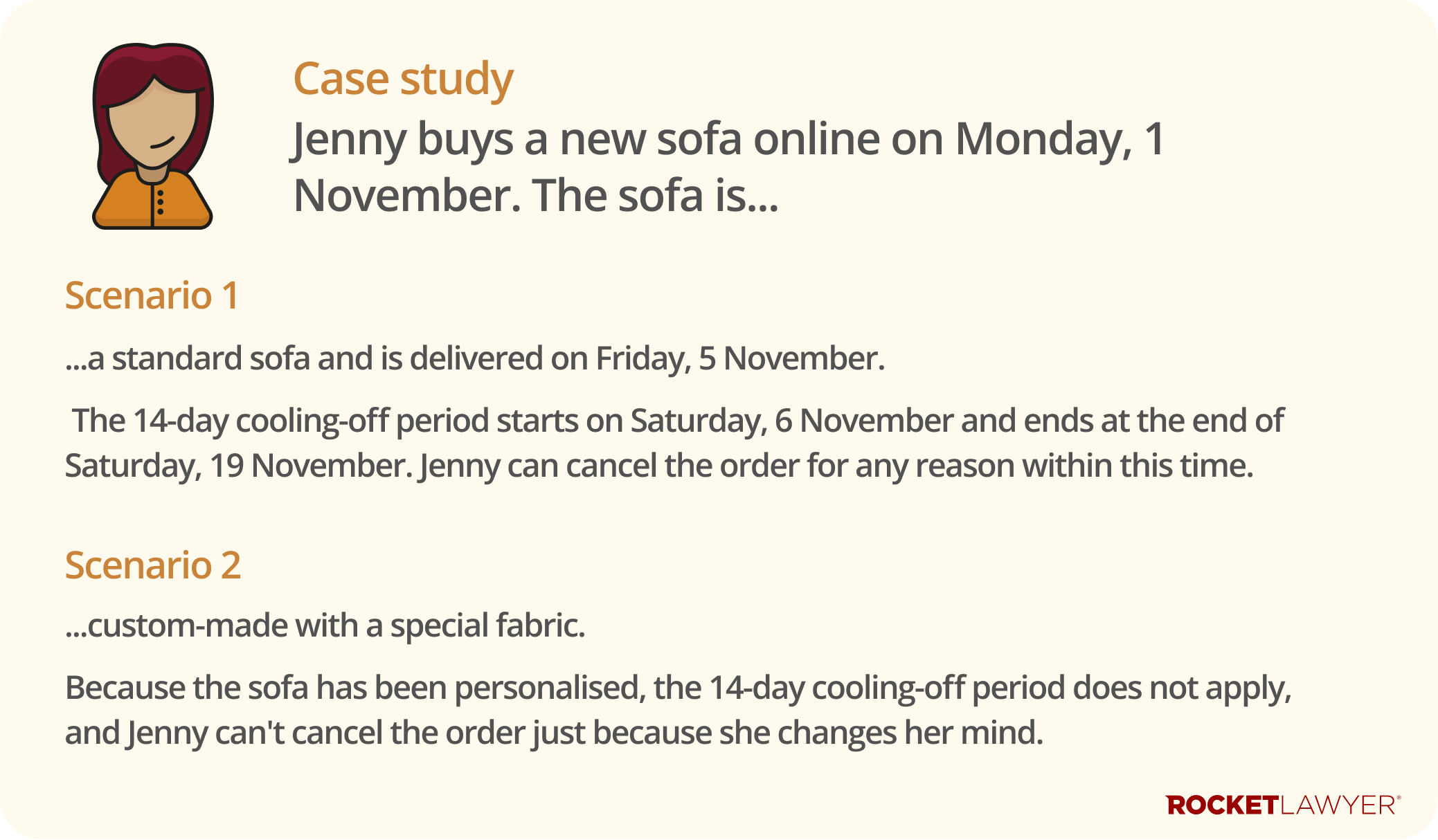 Case study of a woman named Jenny who bought a sofa and how differently consumer rights apply if she regrets her purchase in two different possible scenarios, one regarding a standard sofa and one being a custom-made