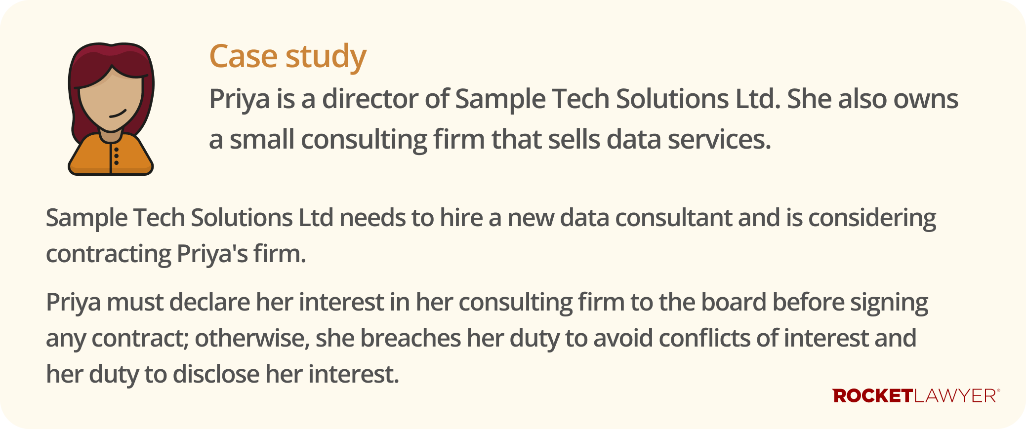 A case study infographic on the directors' duty to declare interest in proposed transactions