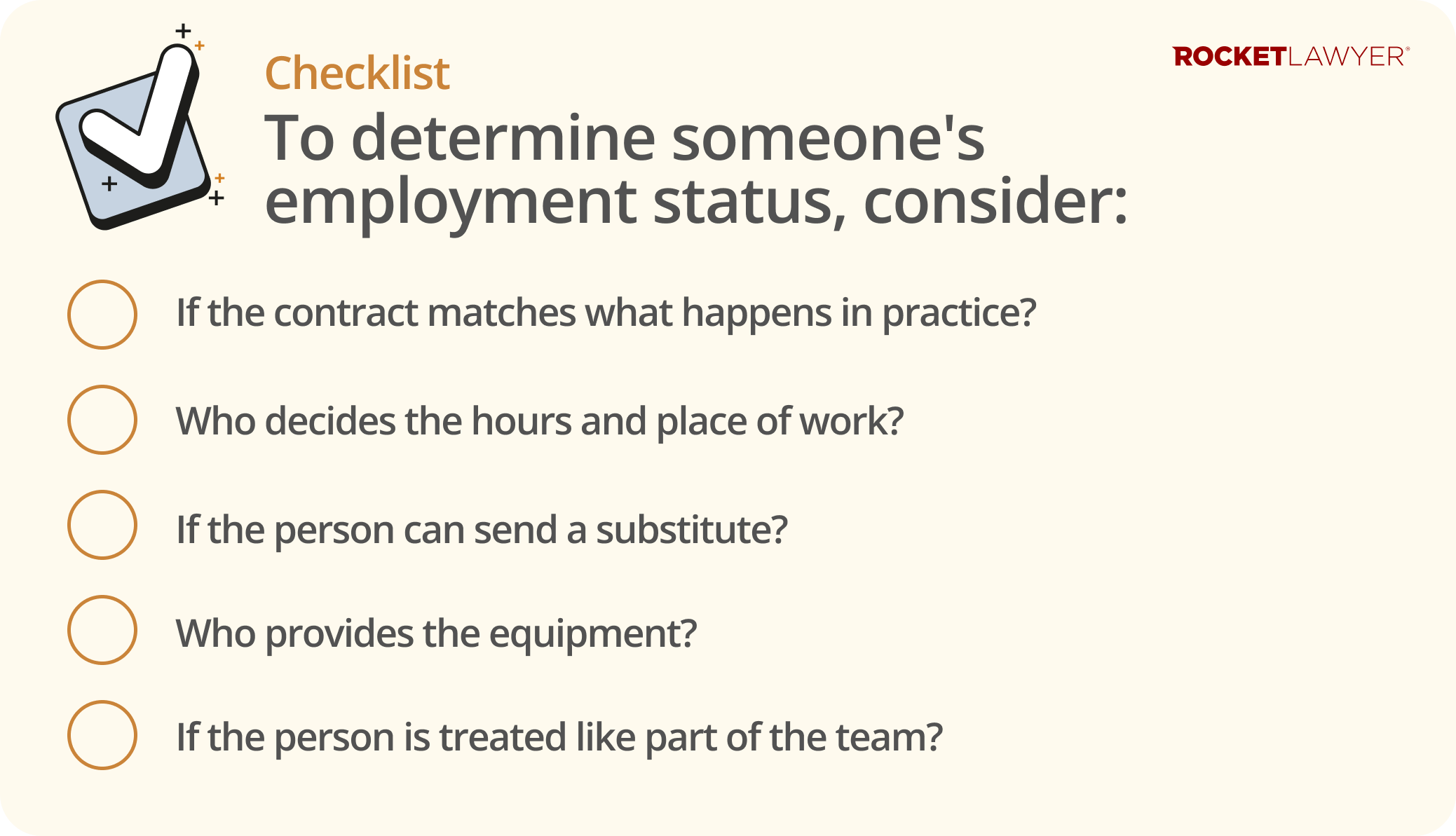 Checklist infographic showing the 5 steps to determine someone's employment status