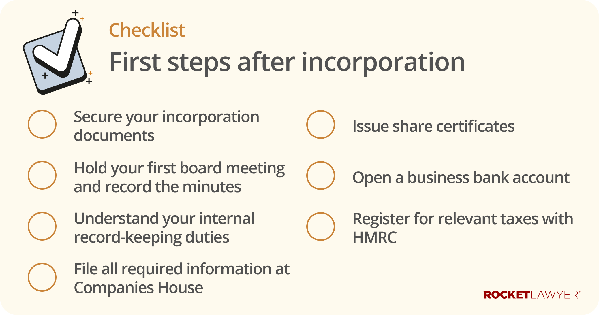 Checklist infographic showing the 7 essential steps after incorporation