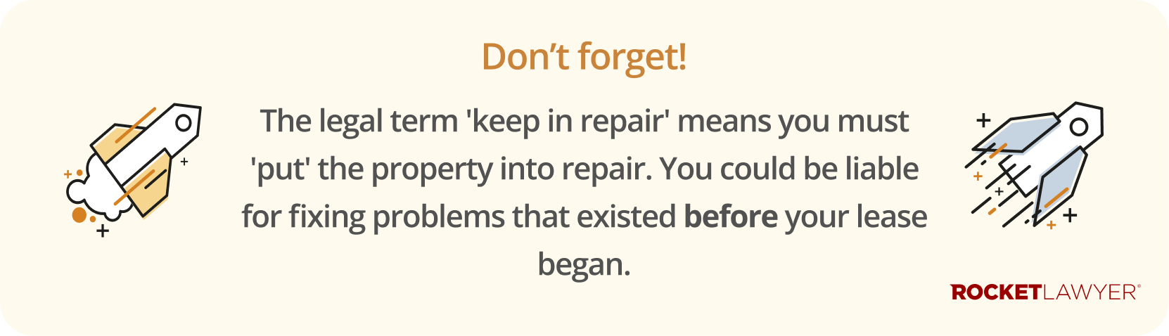 Infographic noting that the legal term 'keep in repair' means commercial tenants must 'put' the property into repair