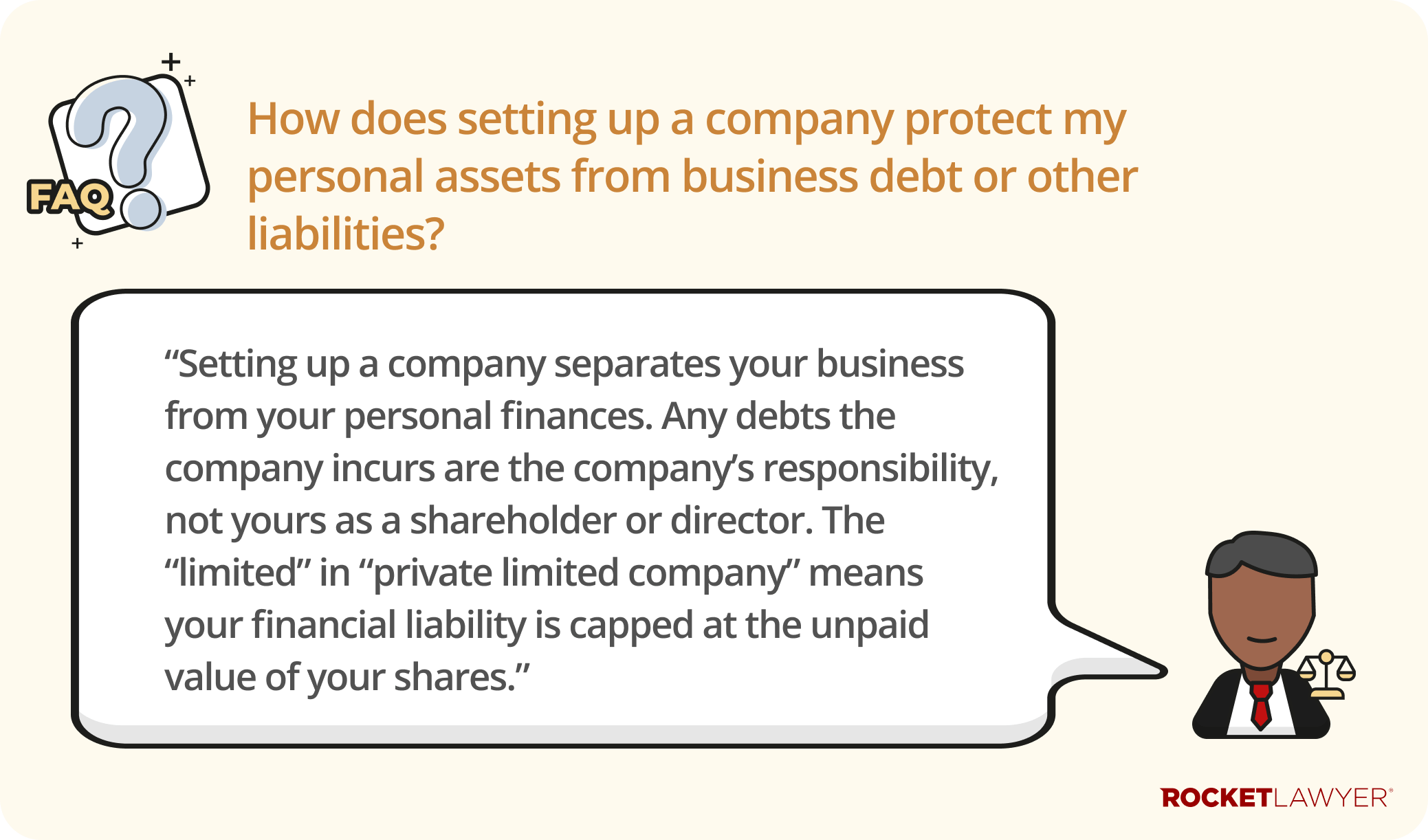 A Q&A infographic answering the question How does setting up a company protect my personal assets from business debt or other liabilities?