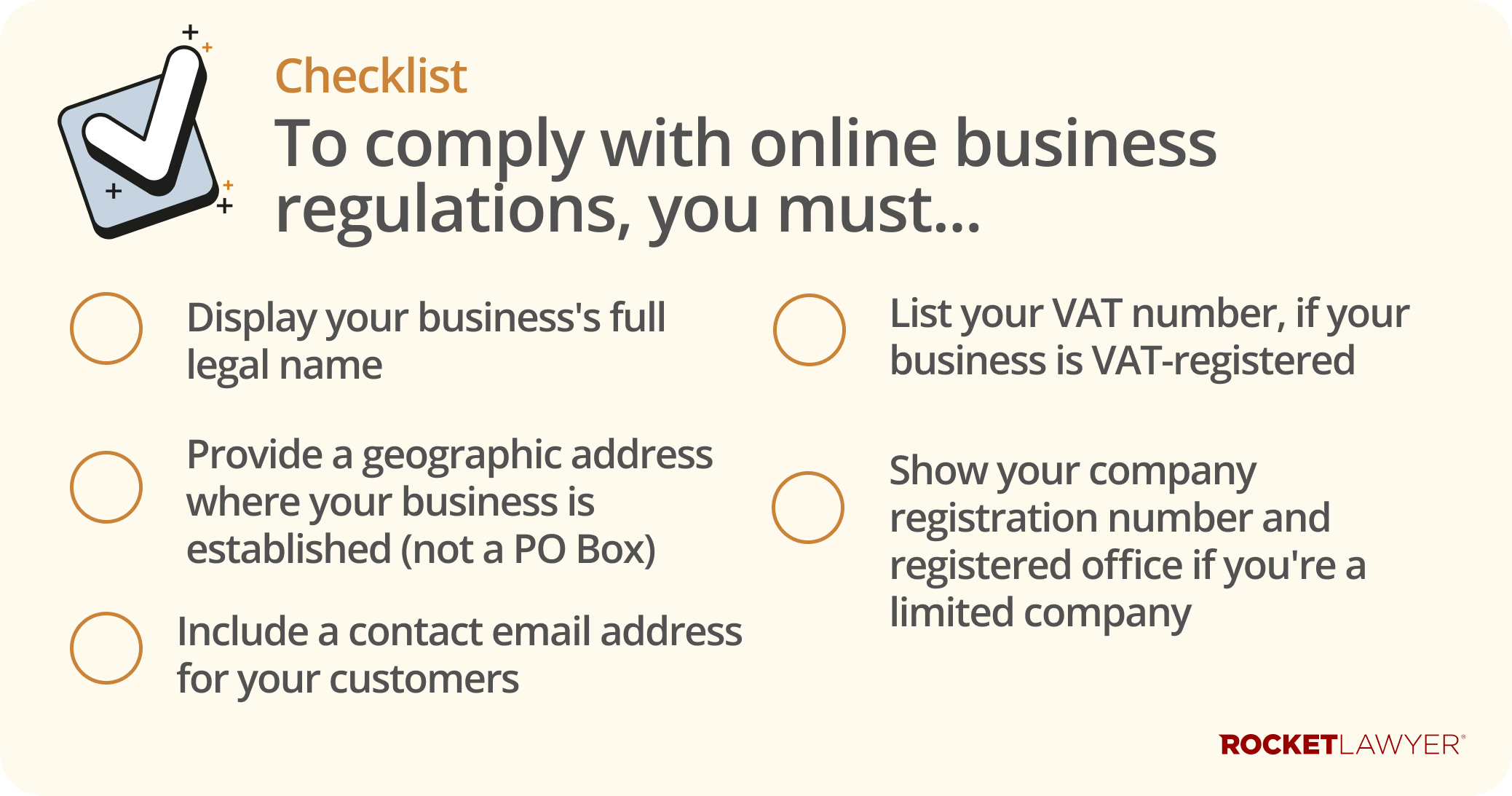 Checklist infographic containing five important steps to make sure your online business is compliant