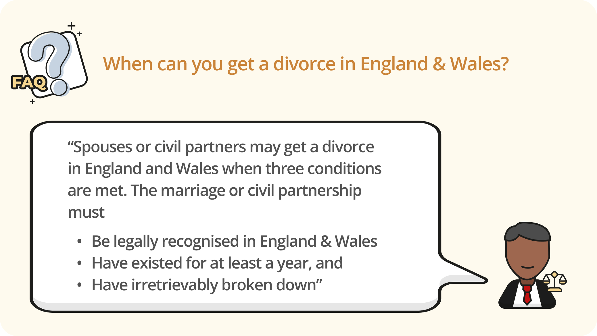 Infographic highlighting the conditions for a divorce in England and Wales