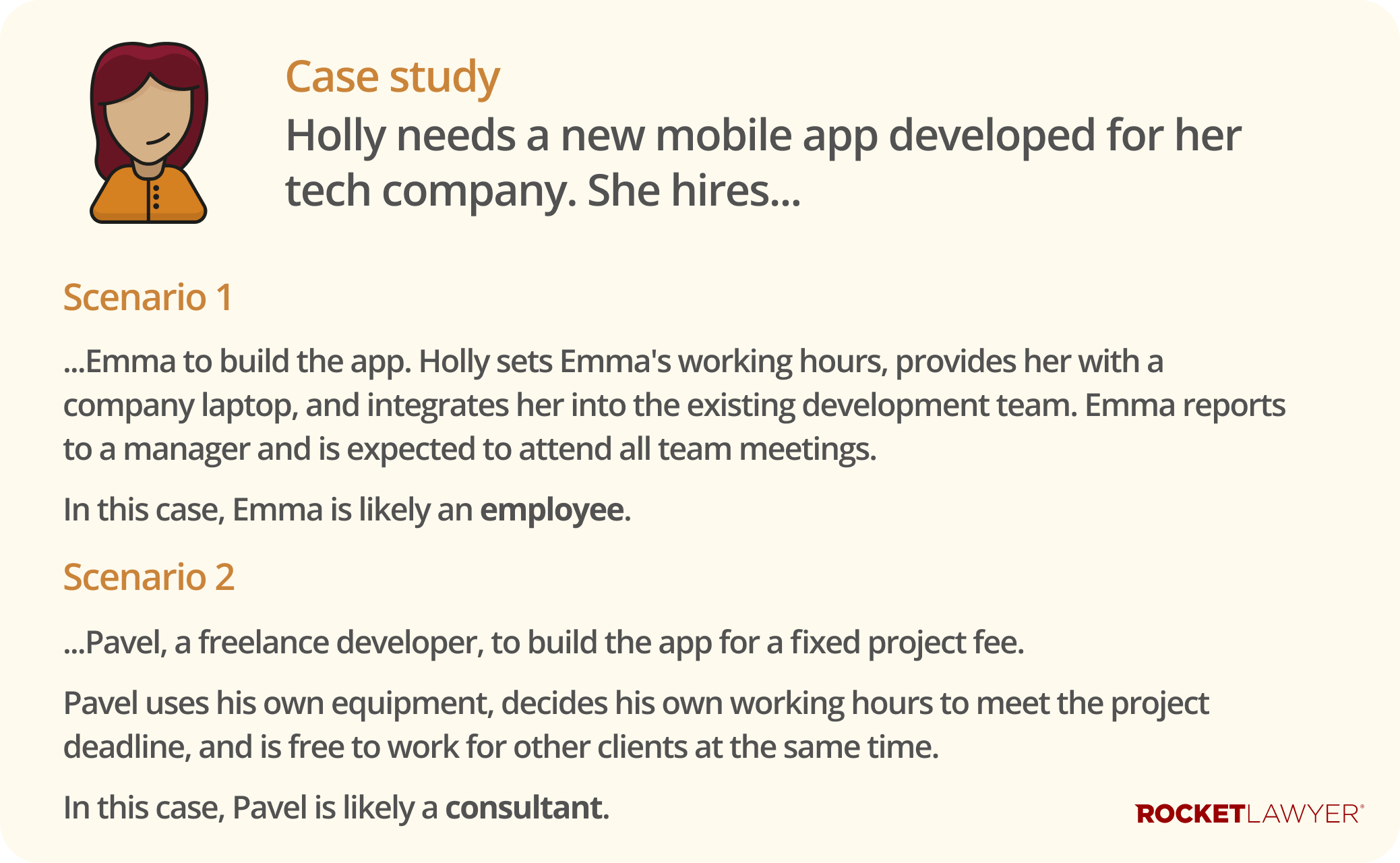 A case study infographic on when someone may be an employee and when they may be a consultant