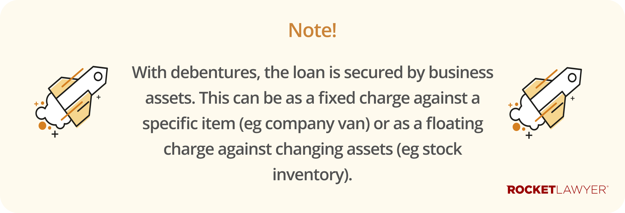 Infographic noting that with debentures, loans are secured by business assets which can be against specific or changing assets
