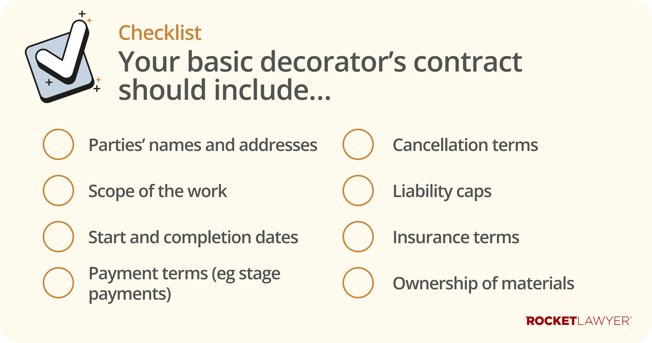Infographic listing the basic terms decorators should have in their client contracts