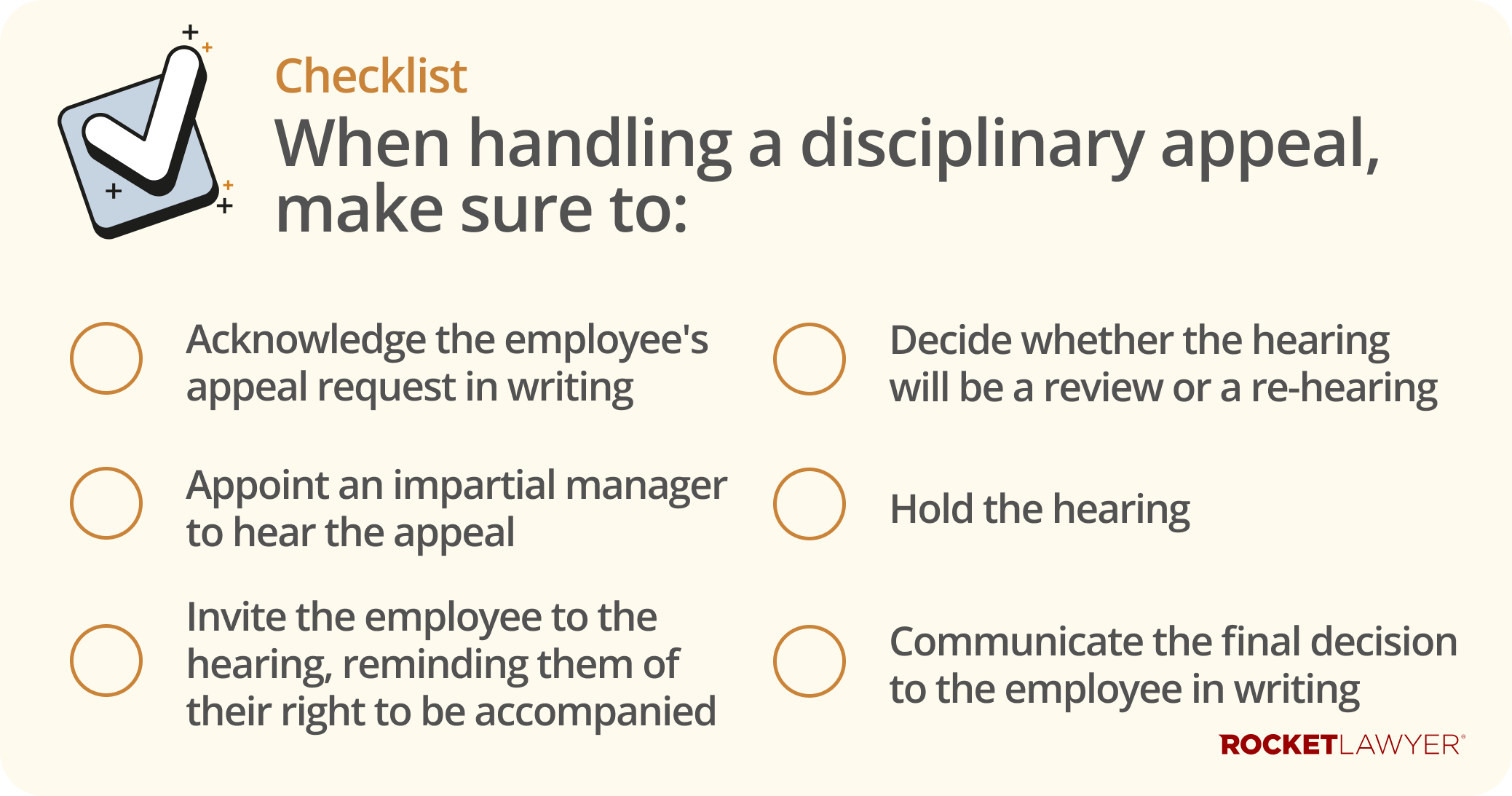 Checklist infographic for the steps to follow when handling a disciplinary appeal