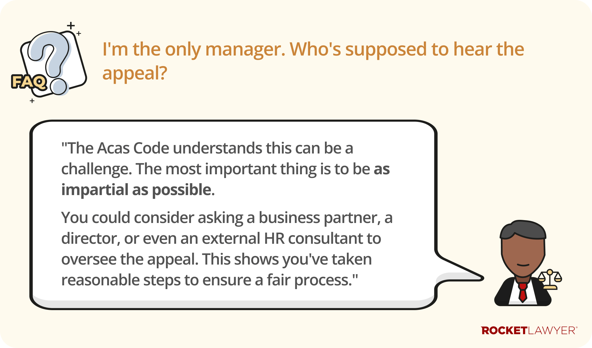 A Q&A infographic addressing who should hear the disciplinary appeal hearing if there is only one manager