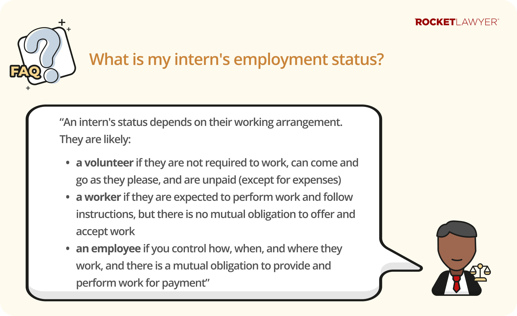 A Q&A infographic highlighting that an intern may have different employment status depending on their working arrangement, being either a volunteer, a worker or an employee