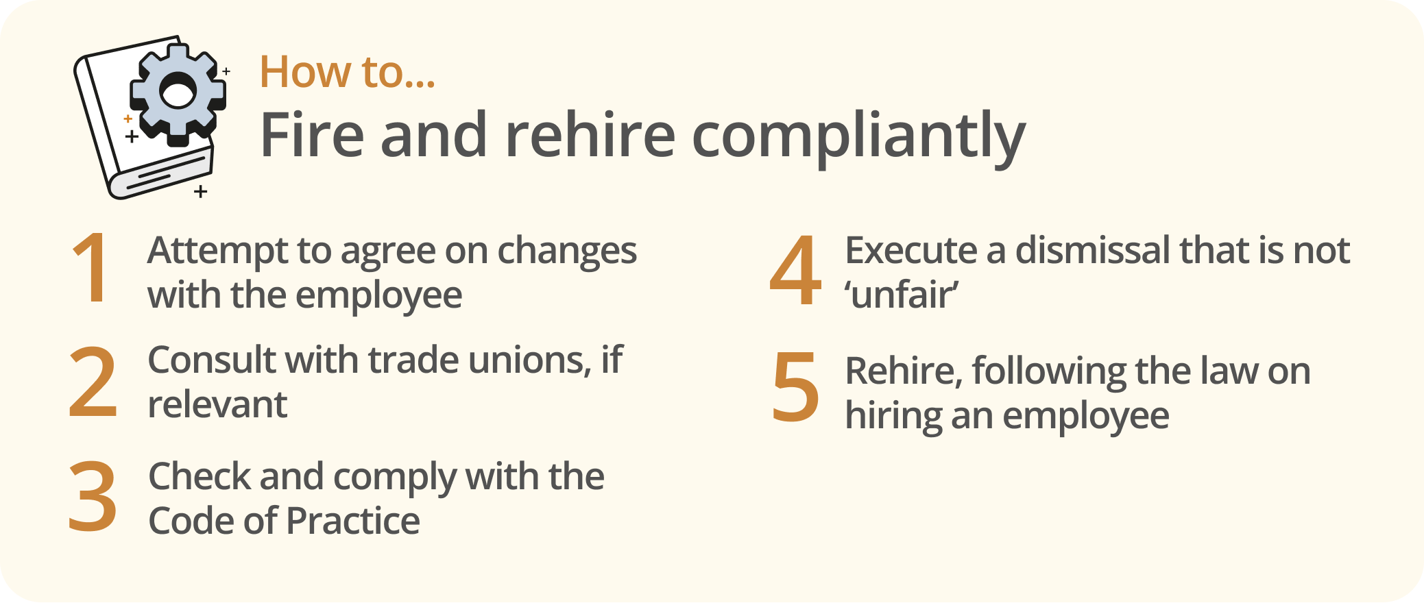 Infographic showing 5 steps for firing and rehiring compliantly