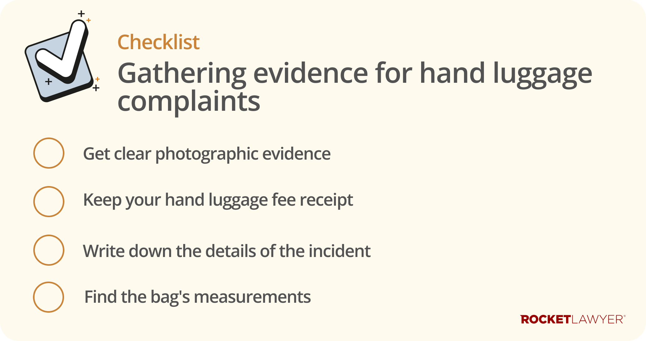 Checklist infrographic showing 4 key steps in gathering evidence for a hand luggage complaint