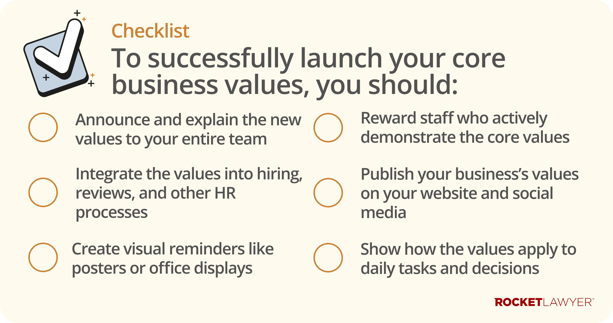 Infographic showing a checklist of how to successfully launch your business's values