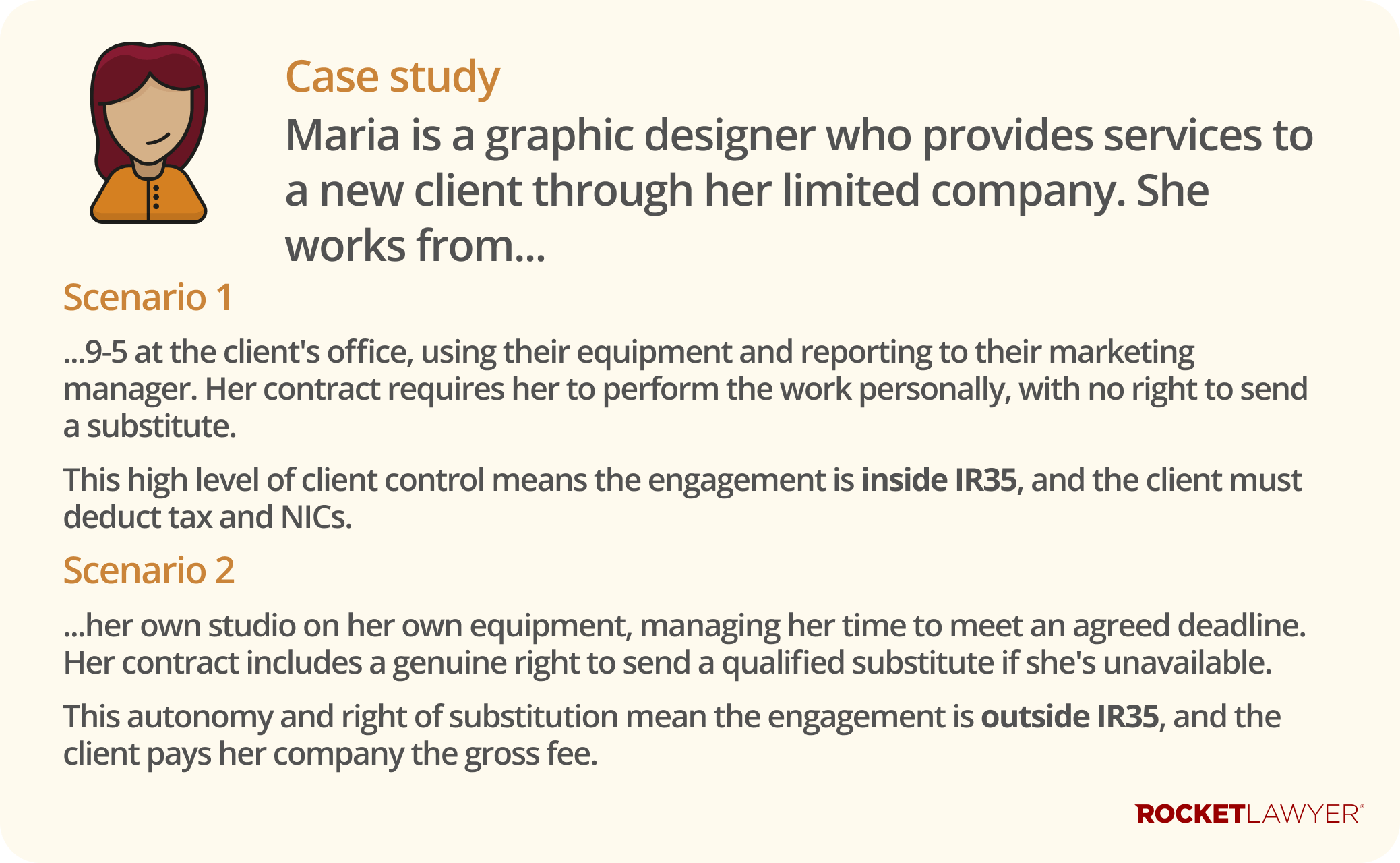 Infographic showing a case study of a graphic designer named Maria who provides services to a business through her limited company and how the client control affects whether the engagement is inside or outside IR35