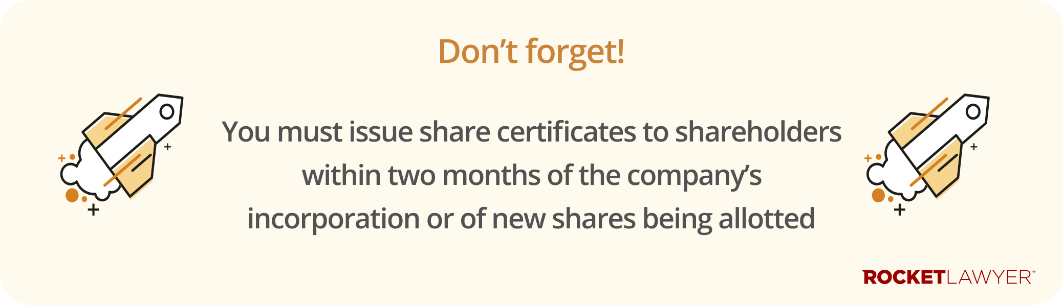 Infographic highlighting that share certificates must be issued to shareholders within two months of the company's incorporation