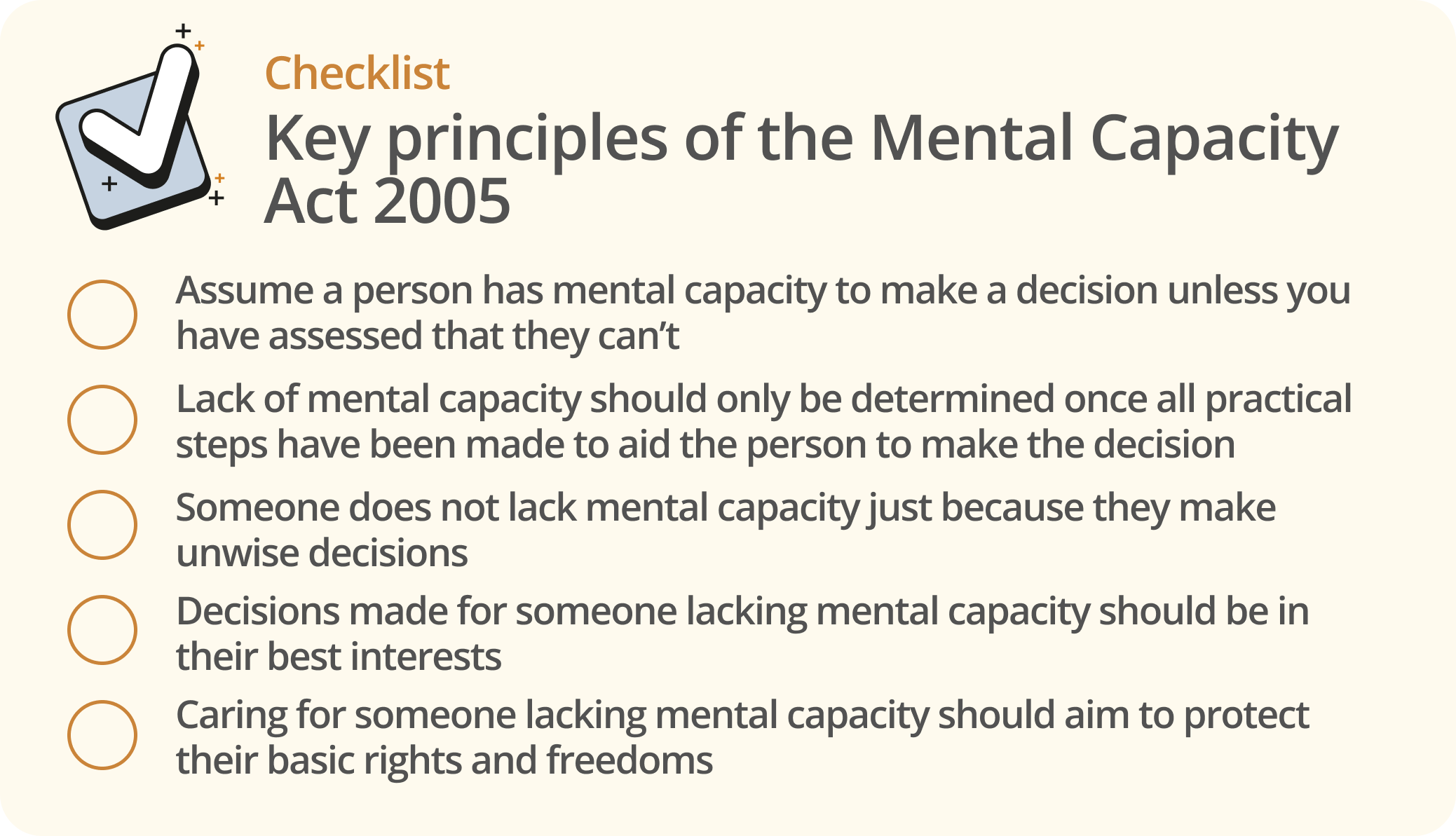 Infographic listing the key principles of the Mental Capacity Act 2005 when assessing mental capacity