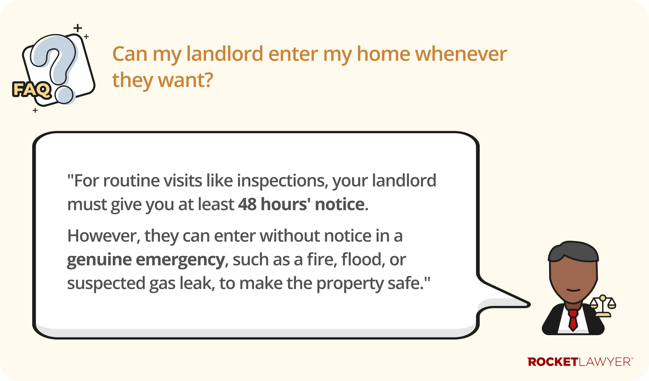 A Q&A infographic addressing whether a landlord can enter the tenant's home whenever they want