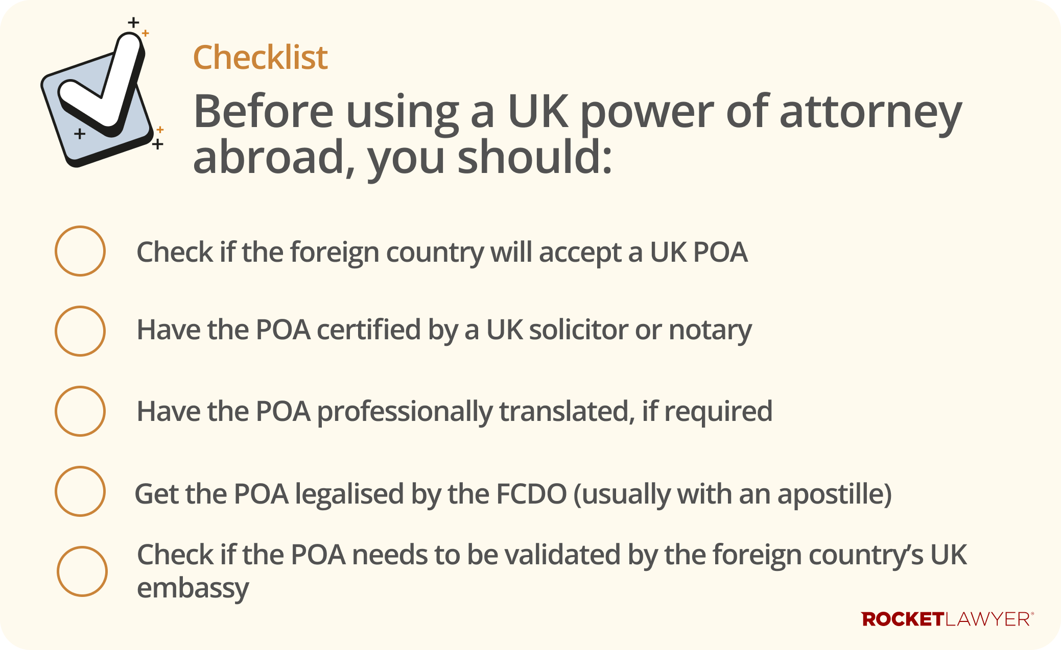 Checklist infographic for the steps to follow before using a UK power of attorney abroad
