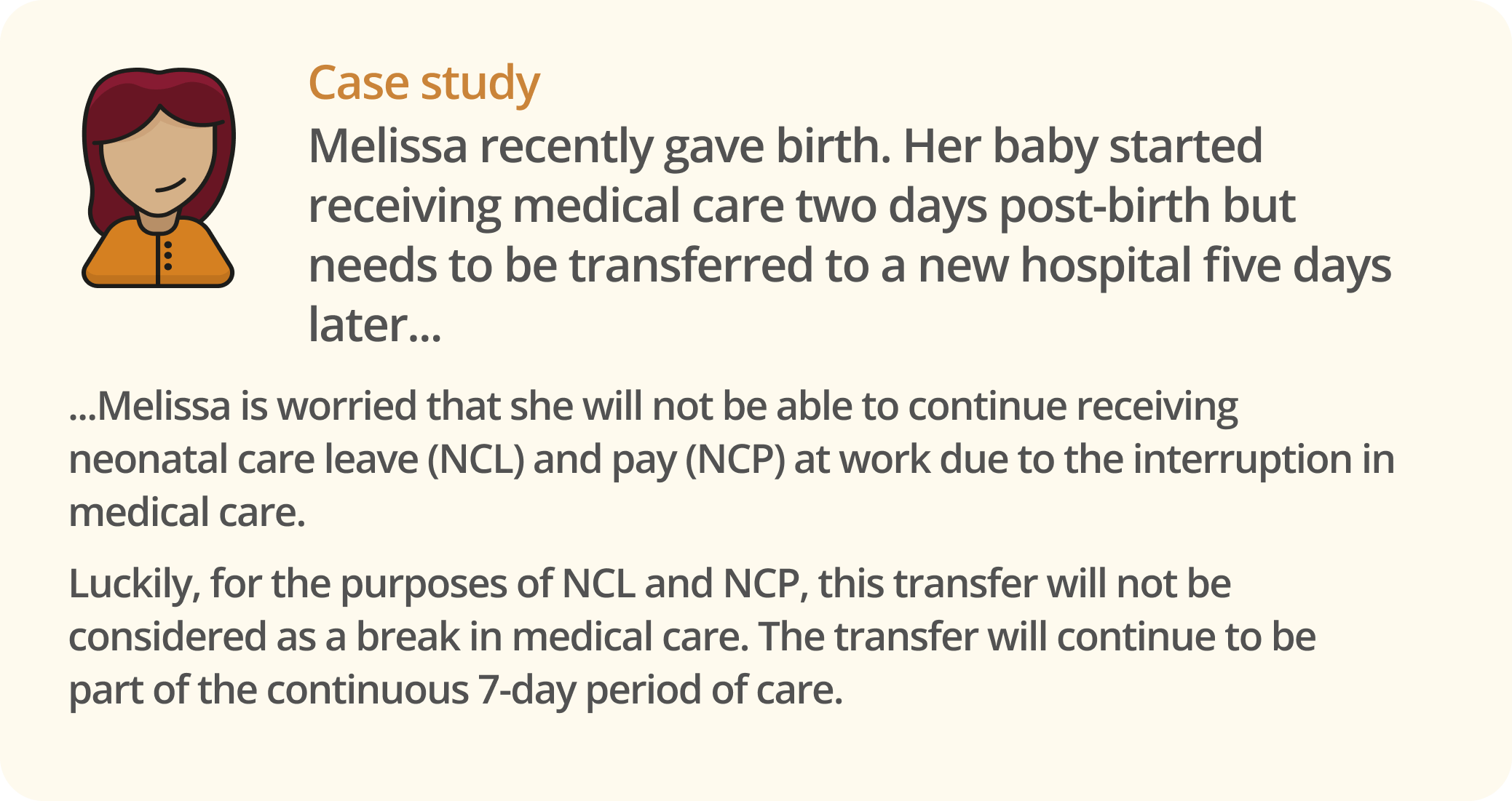 Infographic showing a case study for neonatal care leave and pay for continuous period