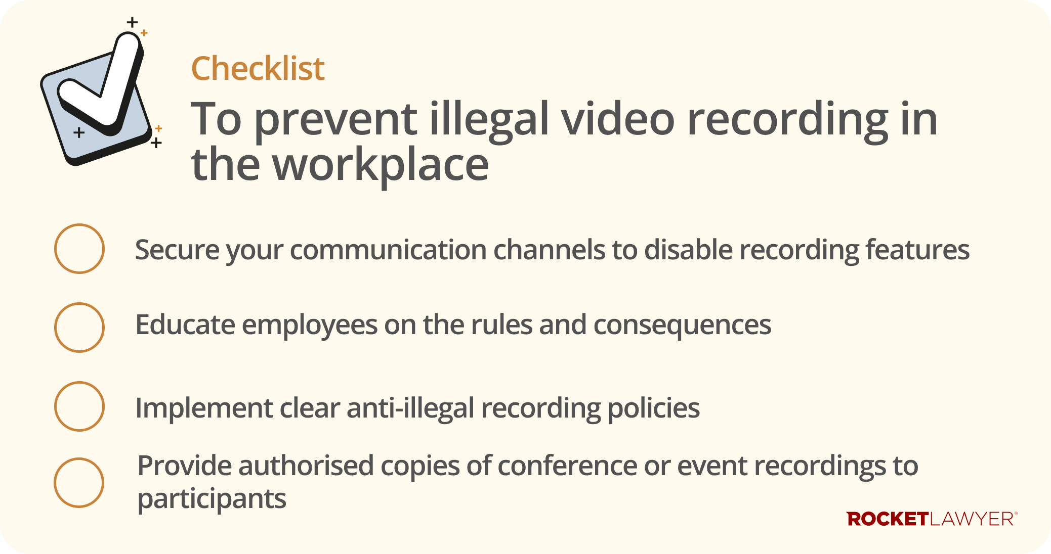 Checklist infographic showing the 4 steps for preventing illegal video recording in the workplace