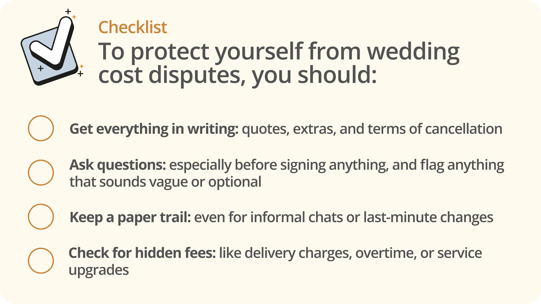 Infographic listing how customers can protect against future wedding cost disputes including 1 getting everything in writing 2 asking questions 3 keeping a paper trail and 4 checking for hidden fees