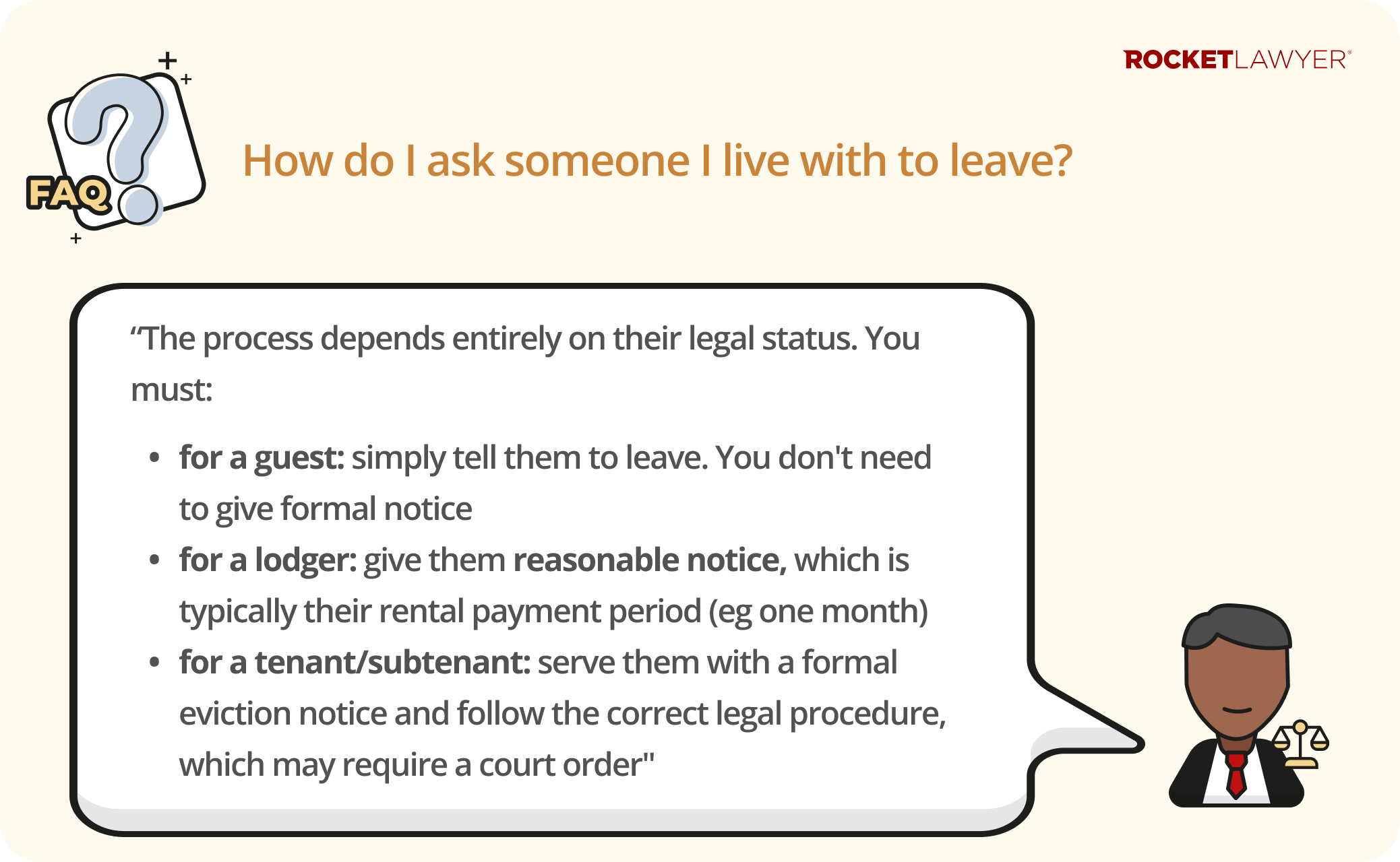 Q&A infographic answering the question How do I ask someone I live with to leave?, highlighting different approaches based on the legal status of who's being asked to leave