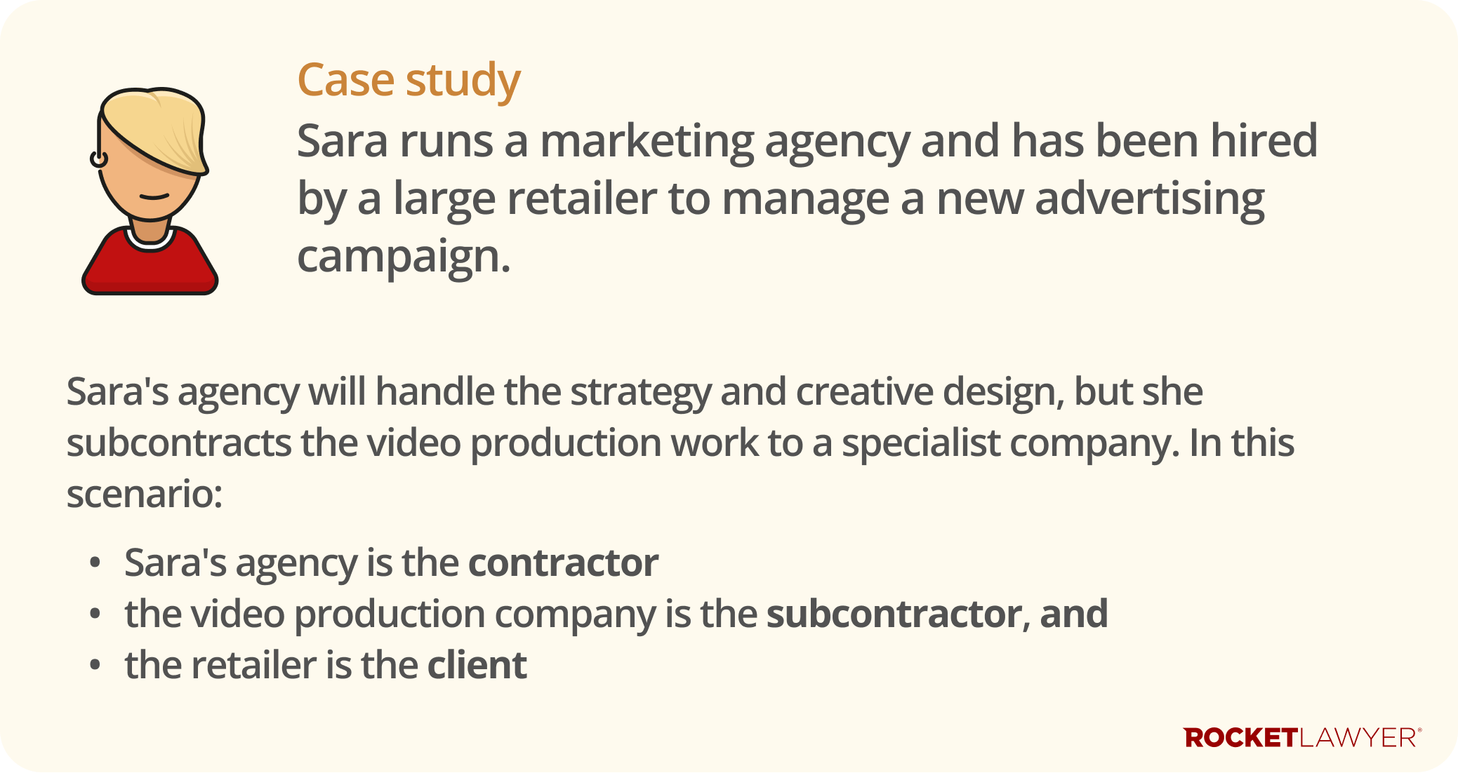 A case study infographic on the contractor, subcontractor, client relationship