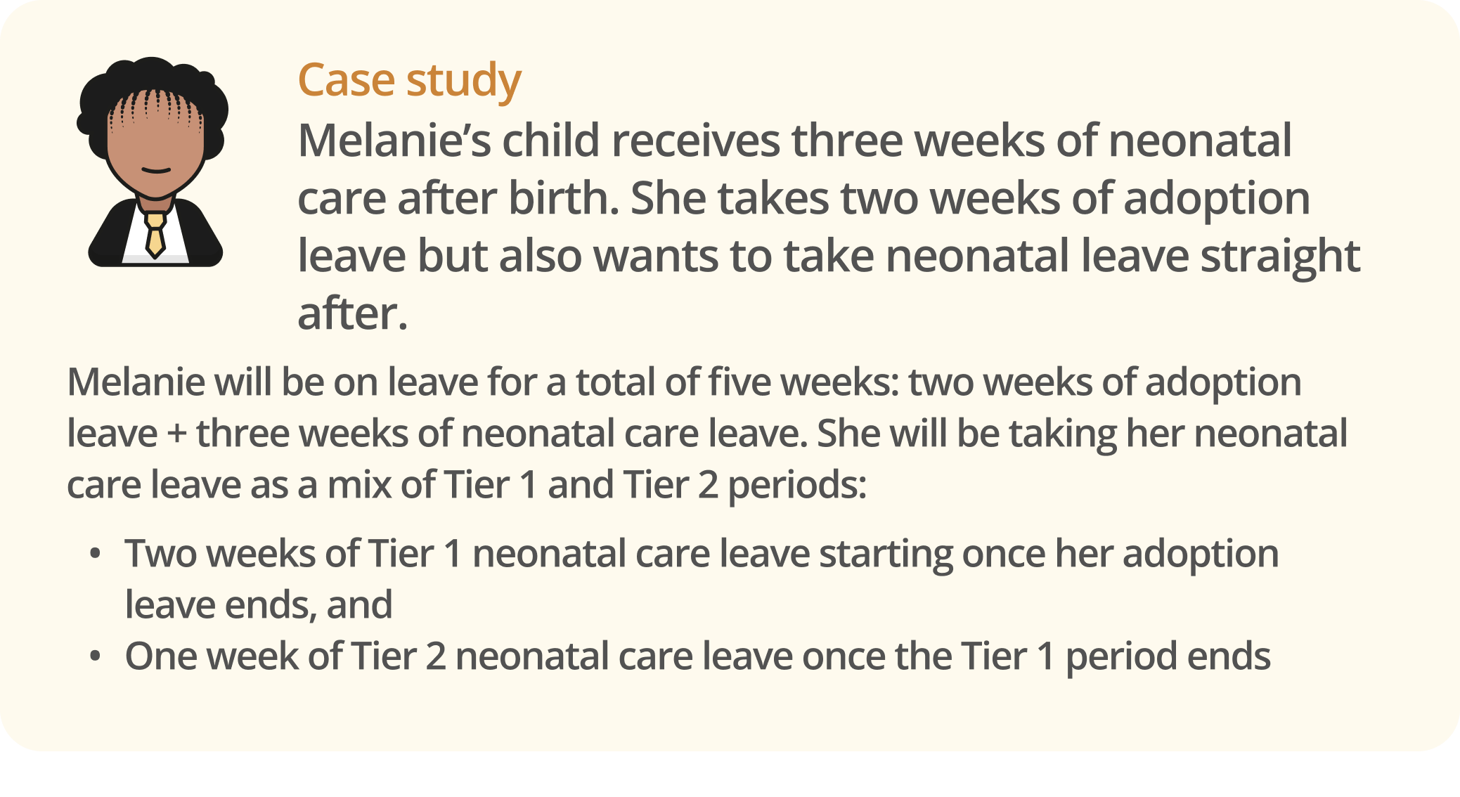 Infographic of a case study for an example of how taking neonatal leave can be split into Tier 1 and Tier 2