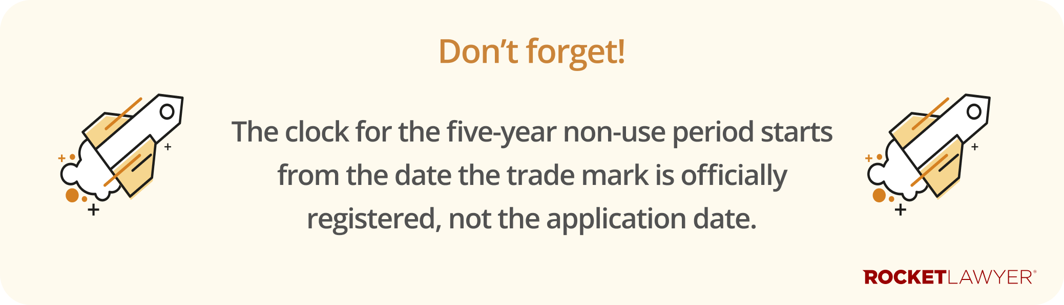 Infographic highlighting that the five-year non-use period for trade marks starts from the date that the trade mark is officially registered, not the application date