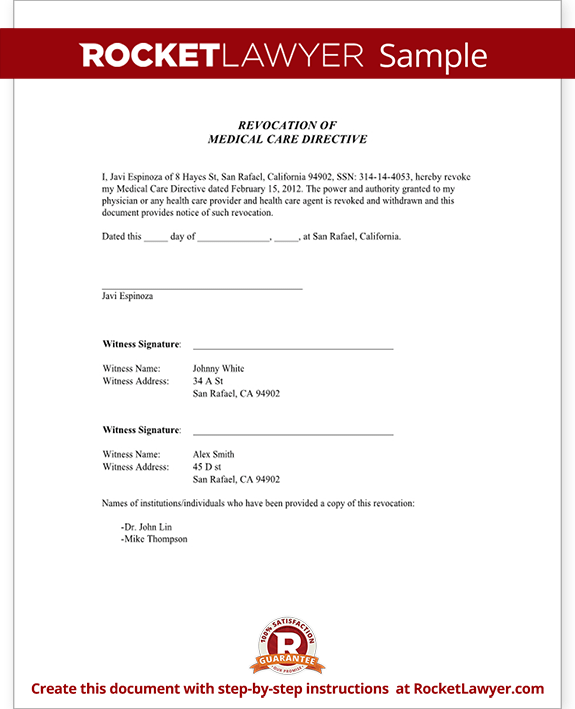 Sample Advance Health Care Directive - Revocation Form Template Sample Advance Health Care Directive - Revocation Form Template