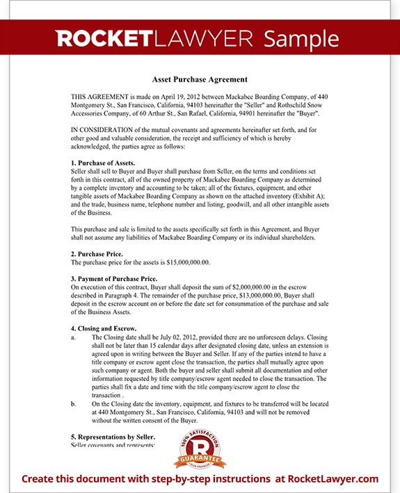 Sample Asset Purchase Agreement Form Template Sample Asset Purchase Agreement Form Template
