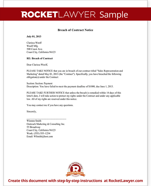 Sample Breach of Contract Notice Sample Breach of Contract Notice