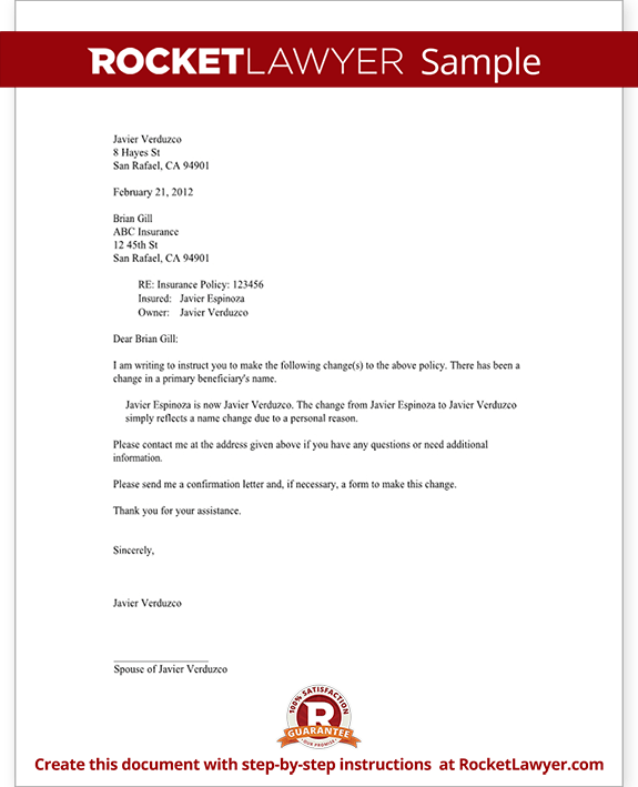 Sample Change of Beneficiary Letter Sample Change of Beneficiary Letter
