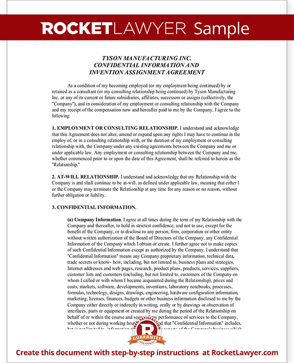 Sample Confidential Information and Invention Assignment Agreement Form Template Sample Confidential Information and Invention Assignment Agreement Form Template
