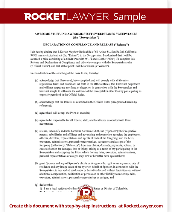 Sample Declaration of Compliance and Release for Sweepstakes Rules Form Template Sample Declaration of Compliance and Release for Sweepstakes Rules Form Template