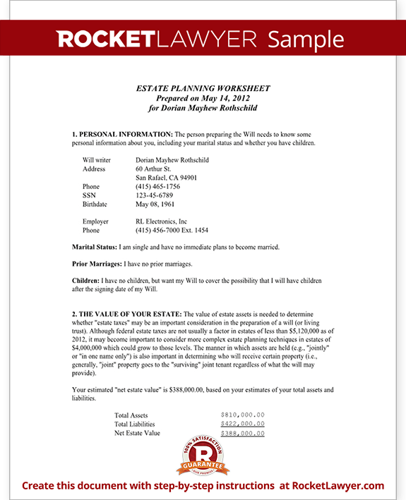 Sample Estate Planning Worksheet for Single People Form Template Sample Estate Planning Worksheet for Single People Form Template