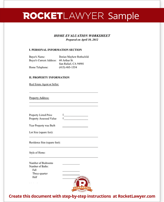 Sample Home Evaluation Worksheet Form Template Sample Home Evaluation Worksheet Form Template