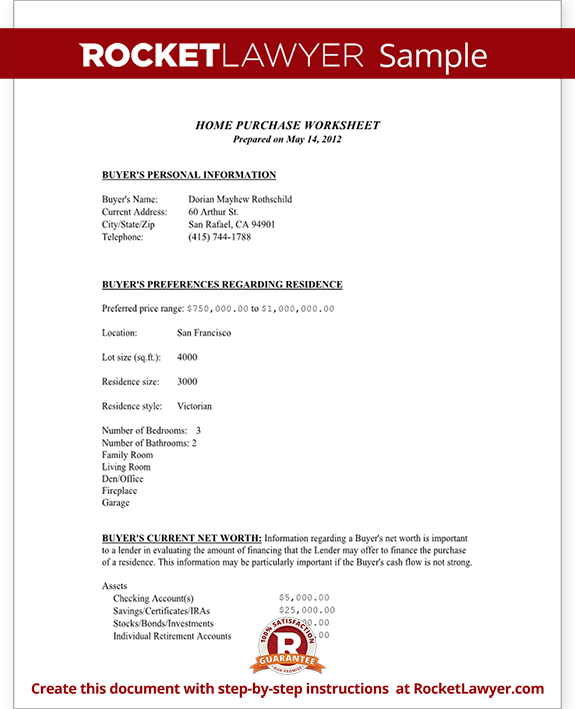 Sample Home Purchase Worksheet Form Template Sample Home Purchase Worksheet Form Template