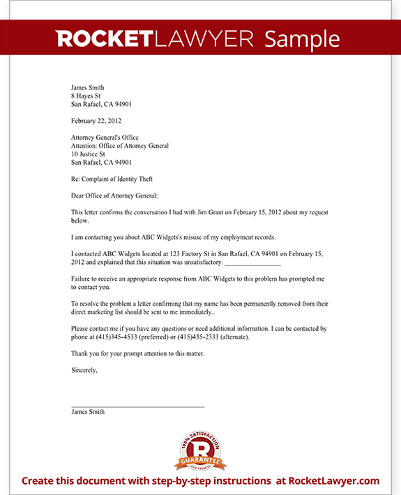 Sample Identity Theft Complaint to an Attorney General Form Template Sample Identity Theft Complaint to an Attorney General Form Template