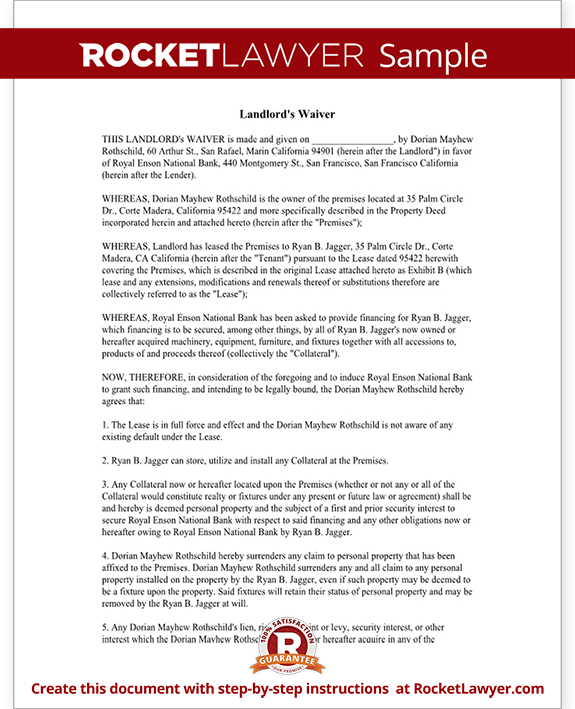 Sample Landlord's Waiver Form Template Sample Landlord's Waiver Form Template