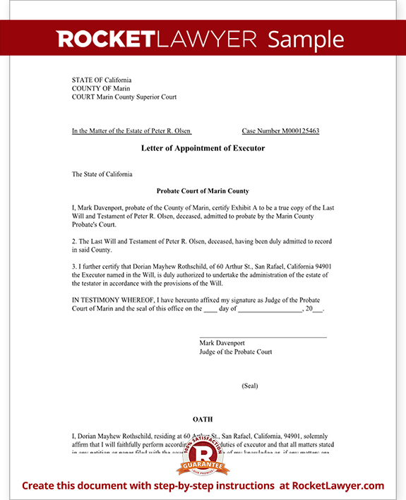 Sample Letter of Appointment of Executor Sample Letter of Appointment of Executor