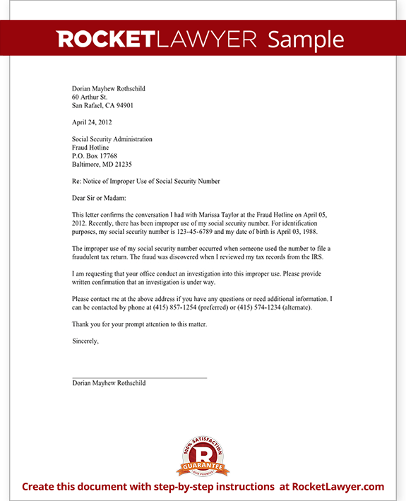 Sample Letter to Report Unauthorized Use of a Social Security Number Form Template Sample Letter to Report Unauthorized Use of a Social Security Number Form Template