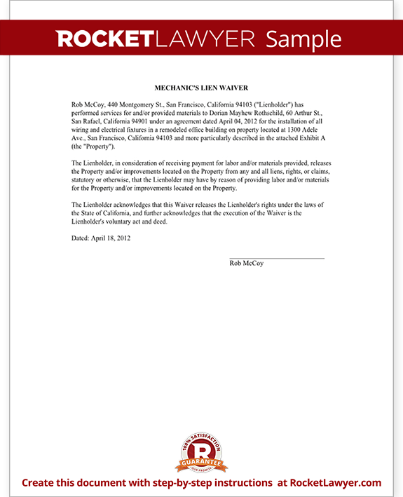 Mechanic's Lien Waiver Form Template Mechanic's Lien Waiver Form Template