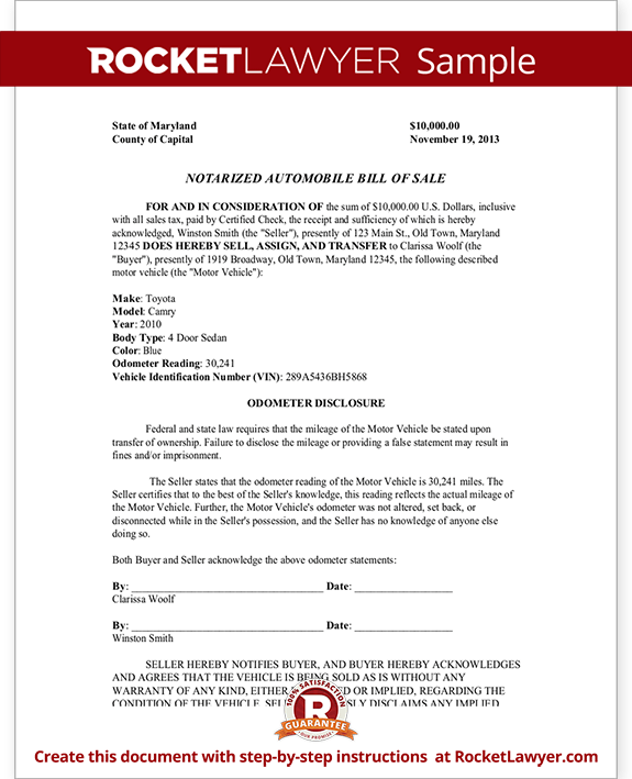 Notarized Automobile Bill of Sale Form Template - With Sample Notarized Automobile Bill of Sale Form Template - With Sample